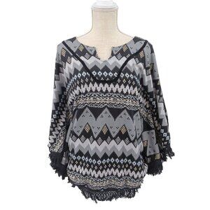 QED London Gray Nordic Fair Isle Fringe Poncho Sweater Women's M/L Relaxed Cozy